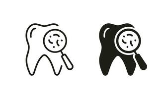 Tooth Microbe, Dental Infection Silhouette and Line Icon Set. Mouth Bacteria Pictogram. Oral Virus Problem, Dental Treatment Black Symbol Collection. Dentistry Sign. Isolated Vector Illustration.