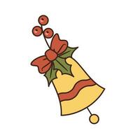 Vector Illustration of simple yellow bell with Holly berry and red tied bow. Isolated object. Symbol of Christmas and Happy New Year events
