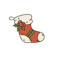 Isolated vector red stocking with holly. Christmas element. Design element for the winter holidays, events, greeting cards