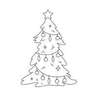 Isolated outline Vector illustration of simple green Christmas tree with colourful lights and star for greeting card or posters