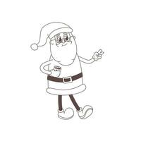 Vector Groovy Santa Claus outline illustration. Merry Christmas and Happy new year mascot in Retro cartoon line style 60s, 70s