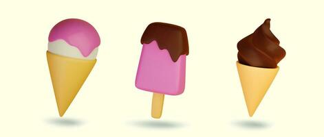 Set of cartoon ice cream in waffle cones and on stick, vector 3d illustration.