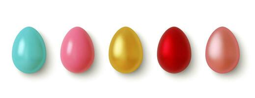 Set of 3D realistic, golden, pink, blue and red Easter eggs isolated on white background. Vector