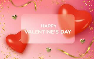 Valentines Day greeting card. Realistic 3d red hearts in tinsel and gold metallic text . Love and wedding. Template for products, web banners and leaflets. Vector