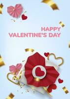 Valentines Day greeting card. Realistic 3d red paper hearts and gift on blue background. Love and wedding. Template for products, web banners and leaflets. Vector illustration