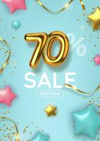 70 off discount promotion sale made of realistic 3d gold balloons with stars, sepantine and tinsel. Number in the form of golden balloons.  Vector