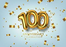 100th Anniversary celebration. Number in the form of golden balloons. Realistic 3d gold numbers and sparkling confetti, serpentine. Horizontal template for Birthday or wedding event. Vector