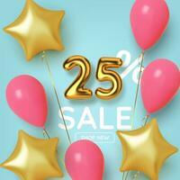 25 off discount promotion sale made of realistic 3d gold number with balloons and stars. Number in the form of golden balloons.  Vector