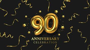 90th Anniversary celebration. Number in the form of golden balloons. Realistic 3d gold numbers and sparkling confetti, serpentine. Horizontal template for Birthday or wedding event. Vector