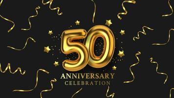 50th Anniversary celebration. Number in the form of golden balloons. Realistic 3d gold numbers and sparkling confetti, serpentine. Horizontal template for Birthday or wedding event. Vector