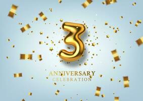 3th Anniversary celebration. Number in the form of golden balloons. Realistic 3d gold numbers and sparkling confetti, serpentine. Horizontal template for Birthday or wedding event. Vector