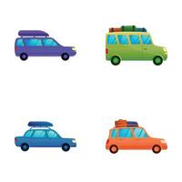 Autotravel icons set cartoon vector. Car with luggage on roof vector