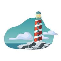 Flat illustration of lighthouse building. Marine and ocean seaside background. Tower stand on rocky coast.Vector illustration. vector