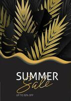 Hello summer, summertime. The text poster against the background of  gold tropical plants. Palm leaves, jungle leaf and handwriting lettering. The poster for sale and an advertizing sign.  Vector