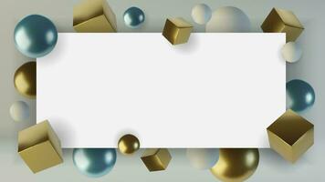 Realistic spheres and cubes. Abstract background of primitive geometric figures. Design element of 3d golden and blue ball and box. Vector illustration