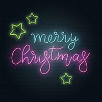 Christmas greeting card, vector background. Christmas lettering in Neon style on brick background. Blue and Purple neon colors, neon stars.. Hand drawn lettering. Vector illustration