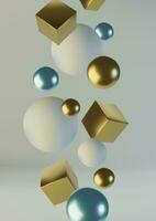 Realistic spheres and cubes. Abstract background of primitive geometric figures. Design element of 3d golden and blue ball and box. Vector illustration