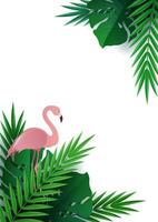 Hello summer, summertime. Background of tropical plants. Flat bird flamingo. Palm leaves, jungle leaf. The poster for sale and an advertizing sign.  Vector