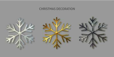 Set Shimmering colorful snowflake. Vector 3d illustration of glowing metallic snowflake shape isolated on gray. New Year or Christmas decoration element. Realistic holiday ornament.