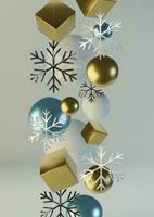 Realistic spheres and cubes. Abstract background of primitive geometric figures. Realistic 3d illustration of shimmering metallic snowflake. Greeting card, invitation happy New year and Christmas. vector