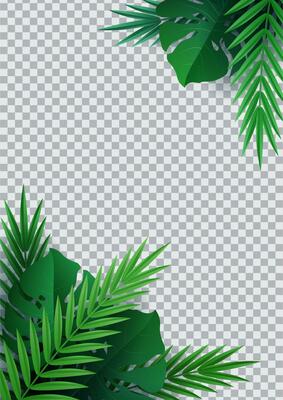 Hello summer, summertime. Background of tropical plants. Palm leaves, jungle leaf. The poster for sale and an advertizing sign.  Vector