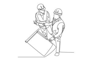 Single continuous line drawing of young architect and foreman discussing about blueprint building design. Construction planning talk concept. Dynamic one line draw graphic design vector illustration