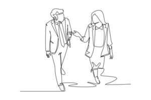 Continuous one line drawing of two business colleagues discussing about plan doing project together while walking. Business collaboration concept. Single line draw design vector graphic illustration