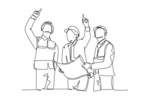 Continuous one line drawing young architect holding blueprint and discussing building construction with foreman. Designer and architecture concept. Single line draw design vector graphic illustration