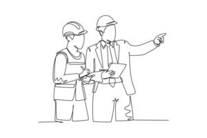 Single one line drawing of young architect and house builder discussing residence blueprint with consultant. Home construction planning concept. Continuous line draw design graphic vector illustration