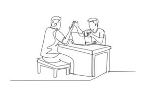 Single continuous line drawing young happy manager drink a cup of coffee and discussing business project. Working together on co working space concept. One line draw graphic design vector illustration