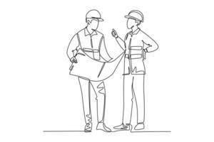 Single continuous line drawing of young architect explaining building design blueprint to contractor. Construction business planning concept. Dynamic one line draw graphic design vector illustration