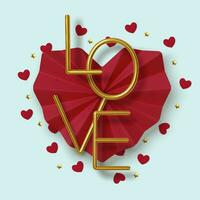 Valentines Day greeting card. Realistic 3d red paper hearts and gold text on blue background. Love and wedding. Template for products, web banners and leaflets. Vector