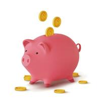 3d realistic moneybox in the form of a pig and coins falling, isolated on white background, vector illustration