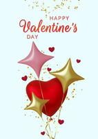 Valentines Day greeting card. Realistic 3d pink balloons hearts and gold stars on blue background. Love and wedding. Template for products, web banners and leaflets. Vector illustration