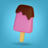 Chocolate glazed pink ice cream on stick. On blue background. 3D Rendering. Vector illustration