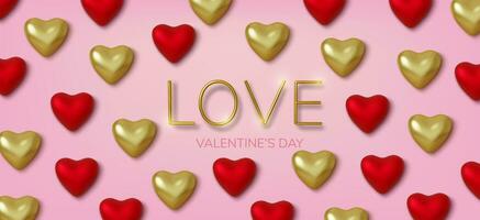 Valentines Day greeting card. Realistic 3d red and gold hearts in tinsel with metallic text . Love and wedding. Template for products, web banners and leaflets. Vector