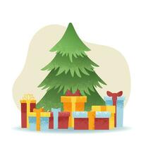 tarjeta postal con Navidad árbol y regalos. un plano vector ilustración con un aislado en un blanco antecedentes. contento Navidad y el nuevo año.