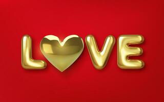 Happy Valentines Day greeting card. Realistic 3d gold metallic text  with shape heart. Love and wedding. Template for products, web banners and leaflets. Vector