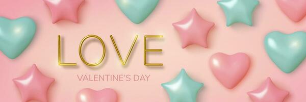 Valentines Day greeting card. Realistic 3d pink and blue balloons hearts and stars. Love and wedding. Template for products, web banners and leaflets. Vector illustration