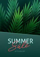 Hello summer, summertime. The text poster against the background of tropical plants. Palm leaves, jungle leaf and handwriting lettering. The poster for sale and an advertizing sign.  Vector