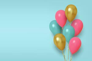 Realistic illustration of pink, blue and gold balloons. Vector