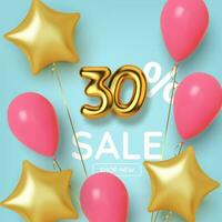 30 off discount promotion sale made of realistic 3d gold number with balloons and stars. Number in the form of golden balloons.  Vector