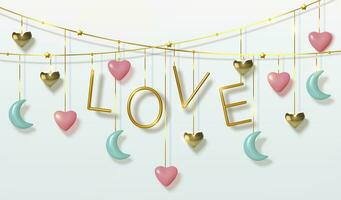 Valentines Day greeting card. Realistic 3d red and gold hearts, blue months, hanging on thread. Gold metalic text. Template for products, web banners and leaflets. Vector illustration