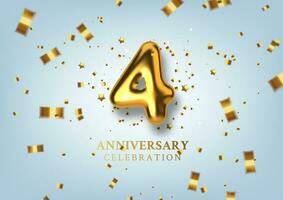 4th Anniversary celebration. Number in the form of golden balloons. Realistic 3d gold numbers and sparkling confetti, serpentine. Horizontal template for Birthday or wedding event. Vector