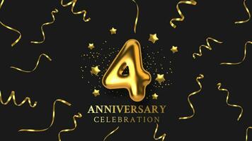 4th Anniversary celebration. Number in the form of golden balloons. Realistic 3d gold numbers and sparkling confetti, serpentine. Horizontal template for Birthday or wedding event. Vector