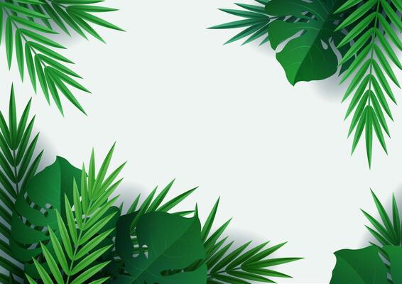 Hello summer, summertime. Background of tropical plants. Palm leaves, jungle leaf. The poster for sale and an advertizing sign.  Vector