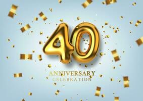 40th Anniversary celebration. Number in the form of golden balloons. Realistic 3d gold numbers and sparkling confetti, serpentine. Horizontal template for Birthday or wedding event. Vector .