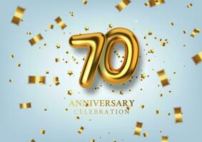 70th Anniversary celebration. Number in the form of golden balloons. Realistic 3d gold numbers and sparkling confetti, serpentine. Horizontal template for Birthday or wedding event. Vector