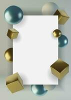 Realistic spheres and cubes. Abstract background of primitive geometric figures. Design element of 3d golden and blue ball and box. Vector illustration