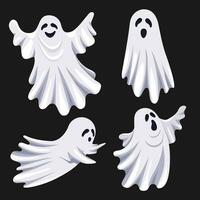 Flat illustration with white ghosts on black background for decoration design. Isolated flat illustration. Vector cartoon illustration. Halloween background.